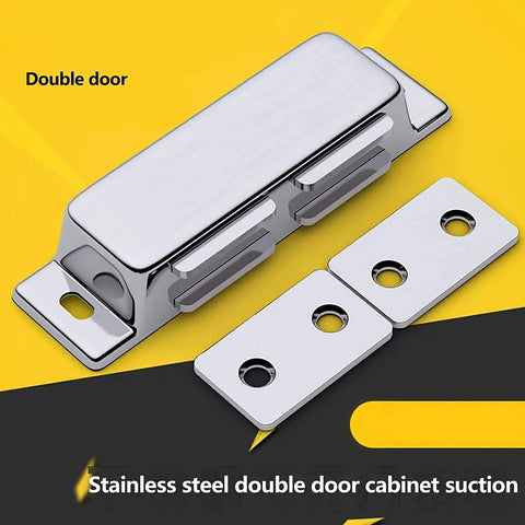 Push To Open Magnetic Door Catch Set 2 Pack Heavy Duty Stainless Steel Cabinet Latches and Drawer Magnets on yellow background