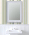 Farmhouse Matte Wallpaper Dope Linen Texture Hella Durable PVC Free Wall Covering in a bathroom with a mirror.