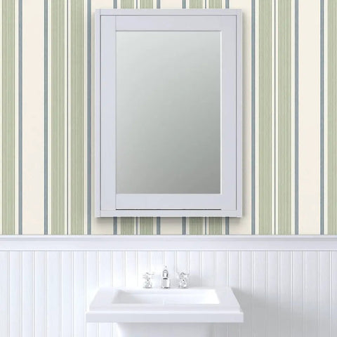 Farmhouse Matte Wallpaper Dope Linen Texture Hella Durable PVC Free Wall Covering in a bathroom with a mirror.