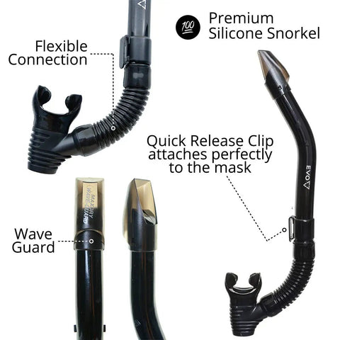 Crystal Clear HD Mask And Snorkel Set With Dual Lenses For Adults, flexible silicone snorkel with wave guard and quick release clip