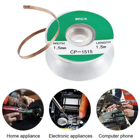5 Ft Pro-Grade Copper Desoldering Wick With No Clean Design And 280C Melting Point for electronics, shown with application examples