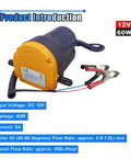 No Sweat Oil Change Pump Extractor With Hose Straight Up 12V Fluid Transfer, compact 60W tool with battery clips for oil extraction.