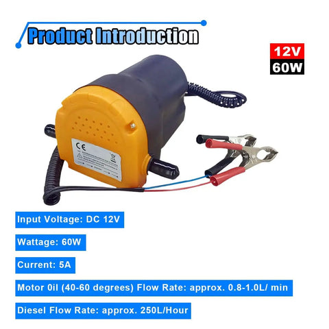 No Sweat Oil Change Pump Extractor With Hose Straight Up 12V Fluid Transfer, compact 60W tool with battery clips for oil extraction.