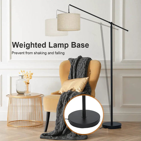 Arc Floor Lamp With Cantilever Arm For Couch And Reading Nook, Adjustable Height, Natural Linen Drum Shade, Matte Black Metal Pole