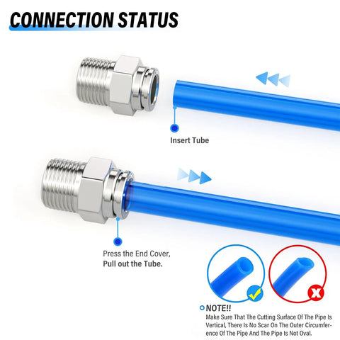 304 Stainless Steel Straight Push To Connect Fittings 8mm Tube OD To One Quarter Inch NPT Thread Male Fittings with blue tubing insertion