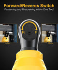 Cordless Electric Ratchet Wrench Set Workhorse For Auto Repair And Diy Projects Three Eighths Inch 40 Ft Lbs Torque 230 RPM 12V Power Tool Kit Two Ah Li Ion Batteries Seven Sockets Sixty Minute Fast Charge showing forward reverse switch feature.
