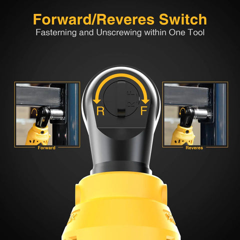 Cordless Electric Ratchet Wrench Set Workhorse For Auto Repair And Diy Projects Three Eighths Inch 40 Ft Lbs Torque 230 RPM 12V Power Tool Kit Two Ah Li Ion Batteries Seven Sockets Sixty Minute Fast Charge showing forward reverse switch feature.