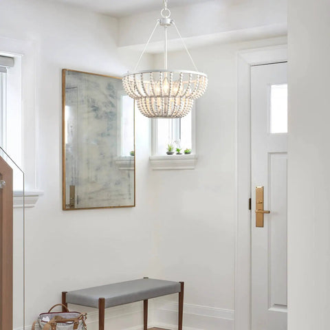 5 Light Beaded Chandelier With Rustic White Wood Beads Farmhouse Boho Ceiling Light Fixture in foyer setting