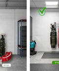 Before and after of using Wall Mount Golf Bag Storage Organizer For Garage And Home Use showing tidy golf bags on wall in garage