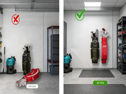 Before and after of using Wall Mount Golf Bag Storage Organizer For Garage And Home Use showing tidy golf bags on wall in garage