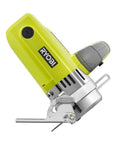Side view of a compact handheld electric tool with a yellow casing, featuring a power button and metallic blade attachment.