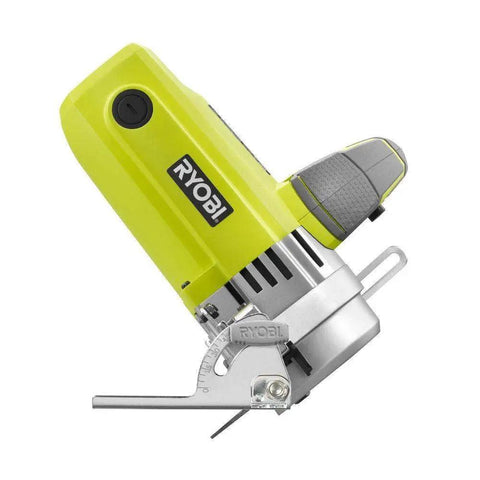 Side view of a compact handheld electric tool with a yellow casing, featuring a power button and metallic blade attachment.