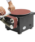 Mini Belt And Disc Sander, 100 Watt Bench Grinder with hands using the sanding belt for metal or wood work.