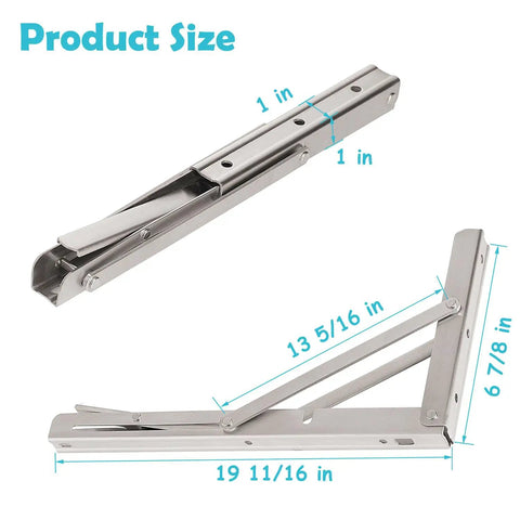Top Shelf Heavy Duty Folding Shelf Brackets 20 Inch Wall Mount Space Saving Brushed Stainless Steel DIY Desk Support Built Like A Tank Holds 440 Pounds Pack Of 2 dimensions, showing size and design details.