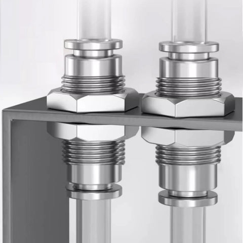 Two 304 stainless steel bulkhead unions with 3/8 in tube OD push-to-connect fittings on a metal panel.