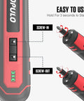 4V Cordless Electric Screwdriver Kit With LED Work Light showing screw-in and screw-out function with easy use instructions.