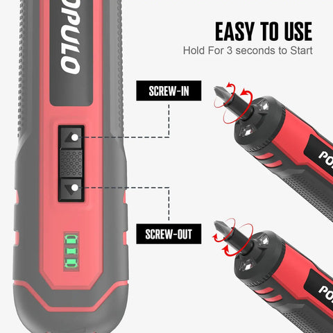 4V Cordless Electric Screwdriver Kit With LED Work Light showing screw-in and screw-out function with easy use instructions.