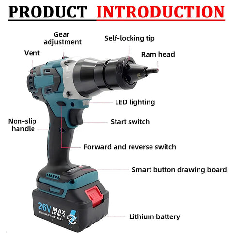 Cordless Rivet Nut Tool Kit With Electric Pop Rivet Gun featuring battery and auto riveting function for easy installation.