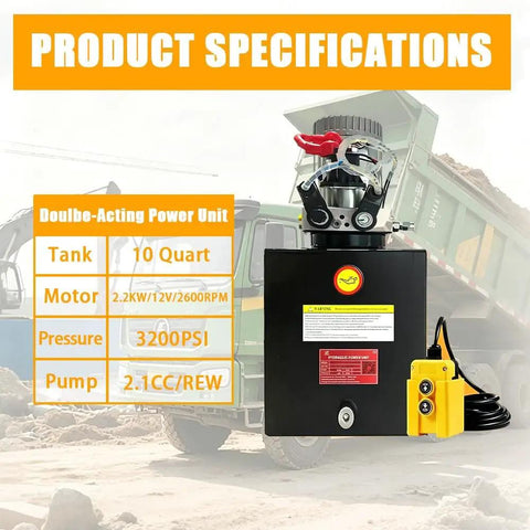 Heavy Duty 12V DC Hydraulic Power Unit With 3200 PSI Capacity, 10 Quart Steel Reservoir, Double Acting Pump For Dump Trailer Lifting And Heavy Machinery, SAE 6 Port, Rugged Metal Build