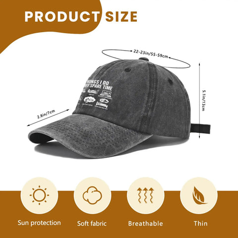 Vintage Black Baseball Cap With Low Profile Curved Brim For RV Lovers And Caravan Travelers Casual Golf And Outdoor Leisure Dad Hat Funny Things I Do In My Spare Time Cap displayed with size dimensions and features.