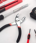 Close-up of 39 Piece General Tool Set For Home DIY Projects With Portable Red Toolbox Case Essential Household Hand Tool Kit.