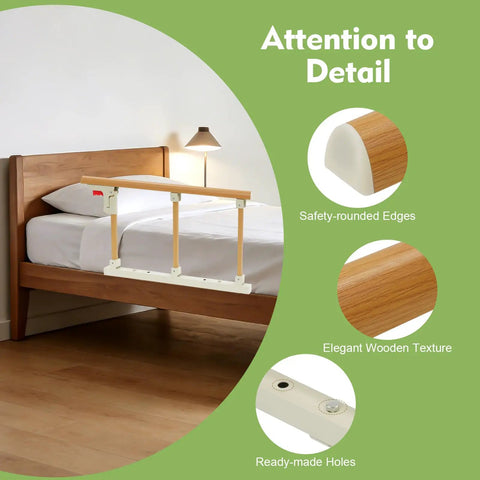 Foldable Bed Assist Rail For Seniors With Adjustable Height No Tool Setup displayed on wooden bed with close-ups.
