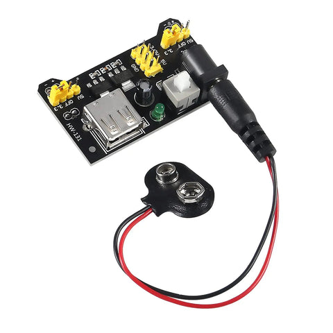 Awesome Breadboard Kit With Power Supply Module And 830 Point And 400 Point Solderless Boards 130 Piece Flexible Jumper Wires 9V Battery Clips T Type For Raspberry Pi And DIY Electronics Projects with power module and 9V battery clip in focus.