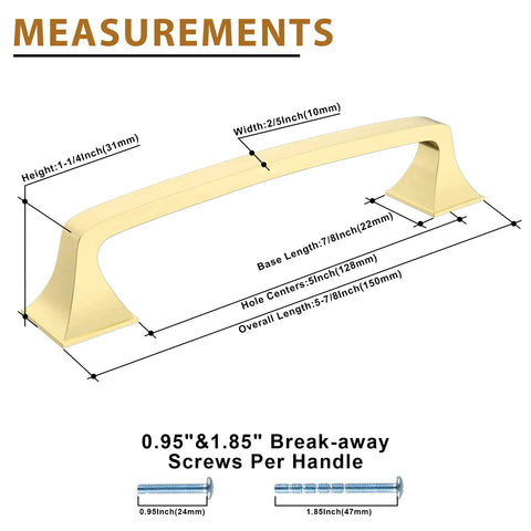 Upgrade Your Cabinets With Gold Brass Cabinet Handles 24 Pack 5 Inch Arch Drawer Pulls Zinc Cupboard Hardware For Cabinets And Drawers With 5 Inch Center To Center Screws Durable Dresser Pulls Gold Finish, showing measurements.