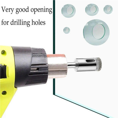 Pro Grade Diamond Drill Bit Set For Tile Glass Marble Granite And Fiberglass Core Hole Saw Nickel Plated Shank Five Pack in use on glass.