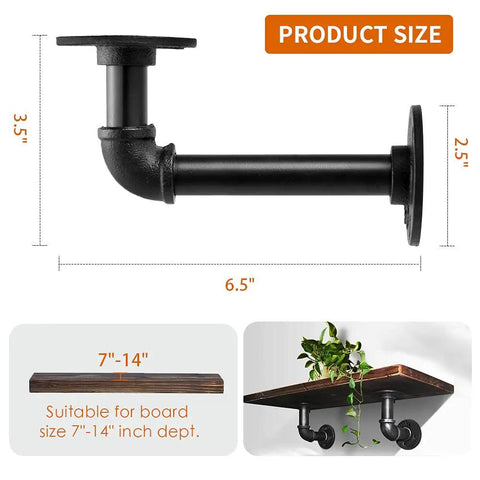 Beefy Iron Pipe Shelf Brackets For 7 To 14 Inch Boards, L Style Floating Shelves, Heavy Duty Metal Shelving Brackets, 6 Pack In Black