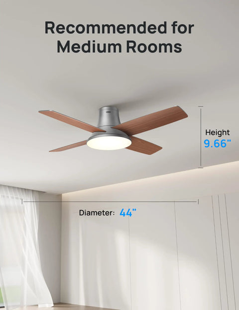 44 Inch Low Profile Ceiling Fan With Led Light And Remote Six Speed Reversible Timer Whisper Quiet Bedroom Flush Mount Lighting Fixture in medium room