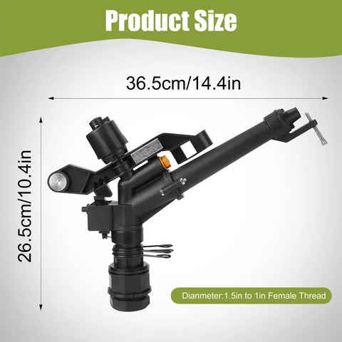 360 Degree Rocker Arm Sprinkler System dimensions 36.5cm by 26.5cm shown, 1.5in DN40 to 1in DN25 female thread