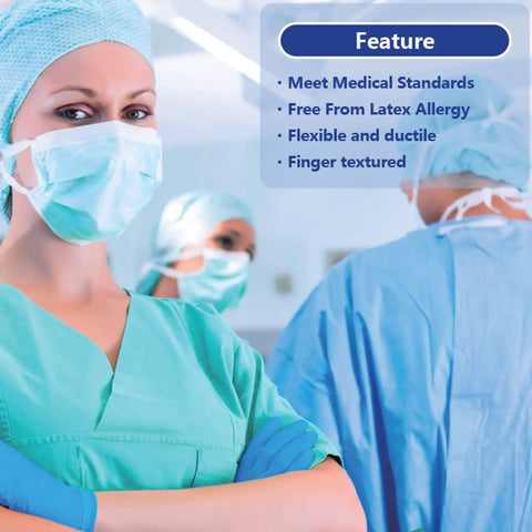 Medical staff in blue scrubs wearing Blue Nitrile Exam Gloves 3.5 Mil Latex Free Powder Free Textured Fingertips Pro Grade Medical