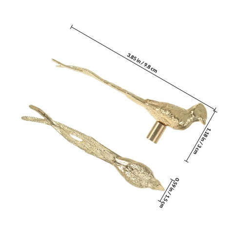 Two dope brass bird shape cabinet handles with golden finish, sleek and unique design, measuring 3.85 inches in length.