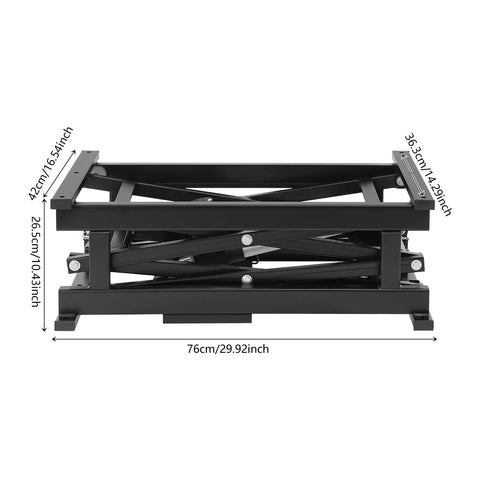 Heavy Duty Electric Scissor Lift Table Rises Smooth With Hydraulic Pump For Factory Work and Warehouse Lifting Up To 140 Pounds of Steel Goods Or Equipment Effortlessly Today with measurements.