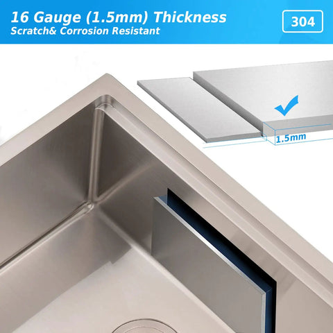 Close-up of 304 stainless steel corner of undermount workstation kitchen sink with 16 gauge thickness detail