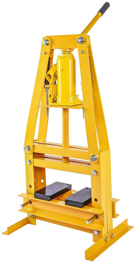 Hydraulic Shop Press With Steel Frame And Yellow Finish 6 Ton Bench Top Mount 4 1/4 Inch Working Range Includes 2 Press Plates