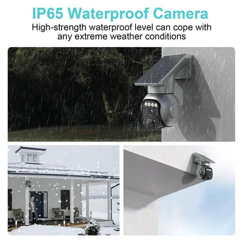 Weatherproof Security Rig Ships With Built In Sim Card For Easy 4G LTE Access And Draws Solar Power To Skip Wi Fi Setup While Surviving IP Sixty Five Rain Damage Plus Quick 360 Degree Pan Tilt View And Clear Two Way Talking, mounted and capturing video in heavy rain.