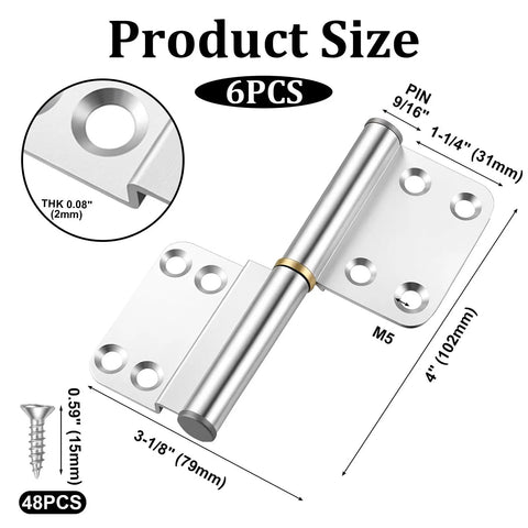 Six Piece 4 Inch Lift Off Flag Hinges Kit With Screws For Cabinets Courtyard Gates And Windows showing hinge dimensions