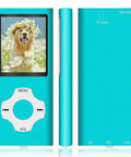 Compact MP3 Player With 32GB Memory Card, FM Radio, Voice Recorder, Sleek Blue design showing LCD with dog image
