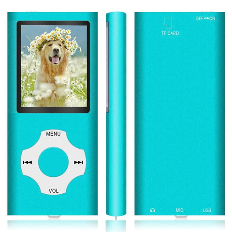 Compact MP3 Player With 32GB Memory Card, FM Radio, Voice Recorder, Sleek Blue design showing LCD with dog image