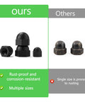Comparison of rust-proof acorn cap nut sizes from the All In One Acorn Cap Nut Kit With M3 M4 M6 M8 Hex Dome Nuts Carbon Steel.