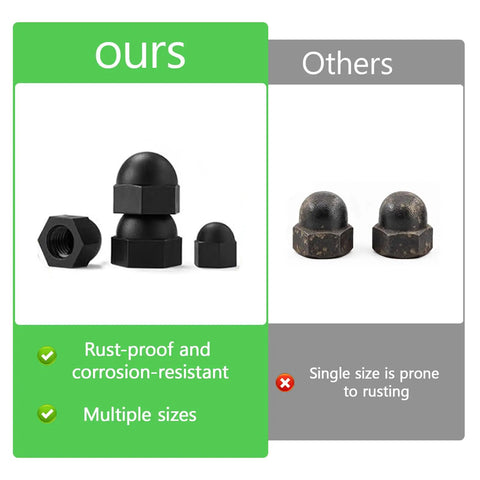 Comparison of rust-proof acorn cap nut sizes from the All In One Acorn Cap Nut Kit With M3 M4 M6 M8 Hex Dome Nuts Carbon Steel.