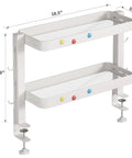 Clamp On Desk Shelf Organizer with adjustable two-tier metal rack and four hooks, space-saving caddy with mesh design in white.