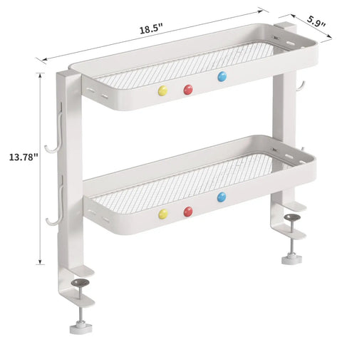 Clamp On Desk Shelf Organizer with adjustable two-tier metal rack and four hooks, space-saving caddy with mesh design in white.