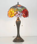 Tiffany Style Stained Glass Table Lamp With Red Rose Pattern, 12 Inch Shade, 22 Inch Tall, Resin Antique Green Bronze Base, UL Listed