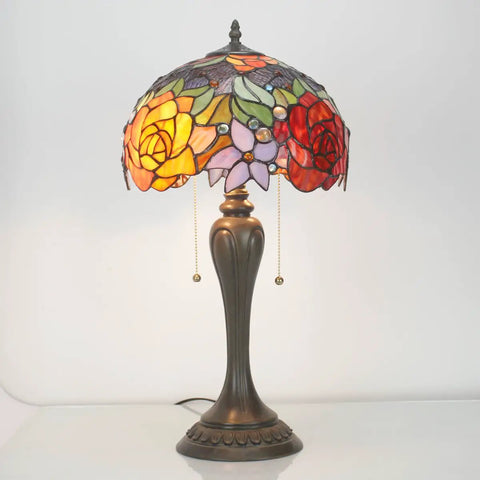 Tiffany Style Stained Glass Table Lamp With Red Rose Pattern, 12 Inch Shade, 22 Inch Tall, Resin Antique Green Bronze Base, UL Listed