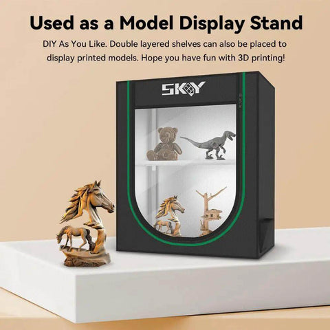 Image showing a black and green model display stand with 3D printed models on shelves, resembling the Ultimate 3D Printer Filament Storage Box With 2 Tier Shelves For Your Studio Office Or Workshop Keeps Up To 10 Filaments Neat And Accessible For Nonstop Printing.
