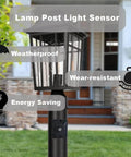 Dusk To Dawn Sensor For Outdoor Lights 120V Photoelectric Switch on lamp post; weatherproof and energy saving features shown; yard background.