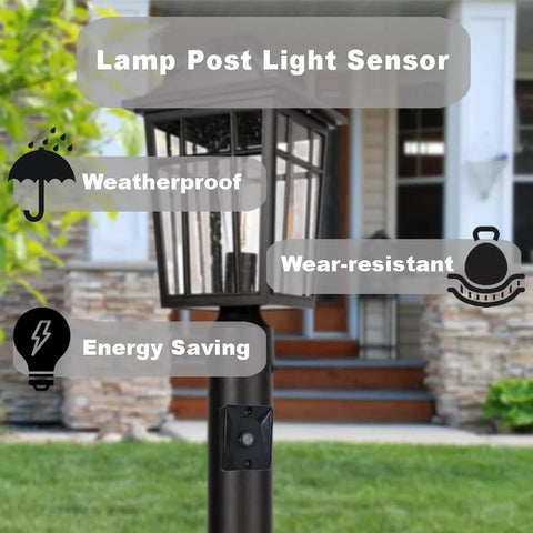 Dusk To Dawn Sensor For Outdoor Lights 120V Photoelectric Switch on lamp post; weatherproof and energy saving features shown; yard background.